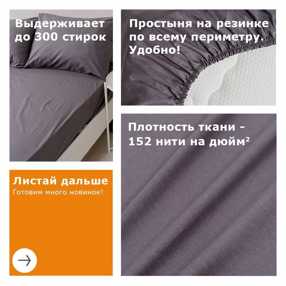 Простынь на резинке YERRNA 160х200 см, аналог икеа, 100% хлопок, перкаль, однотонная — фото 1