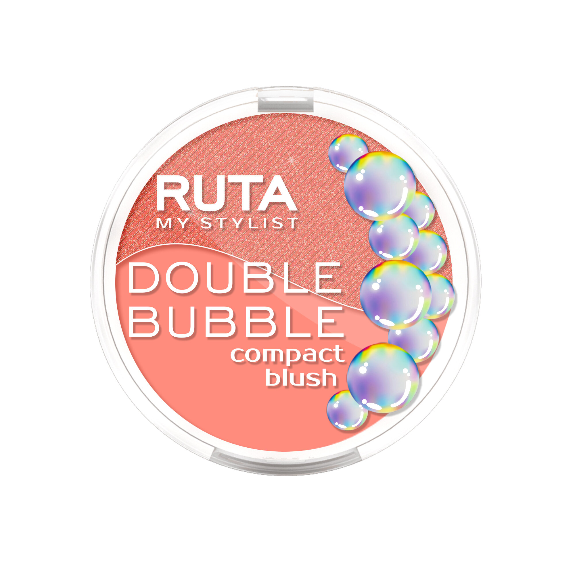 RUTA Румяна компактные двойные "DOUBLE BUBBLE", 102 сияющий кораллово-розовый оттенок и матовый оттенок спелого персика