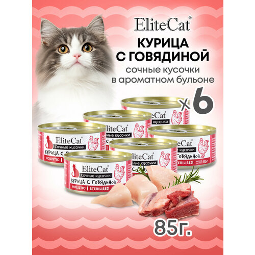 ELITECAT Дополнительное питание для кошек сочные кусочки "Курица с говядиной", 85гр КОМПЛЕКТх6