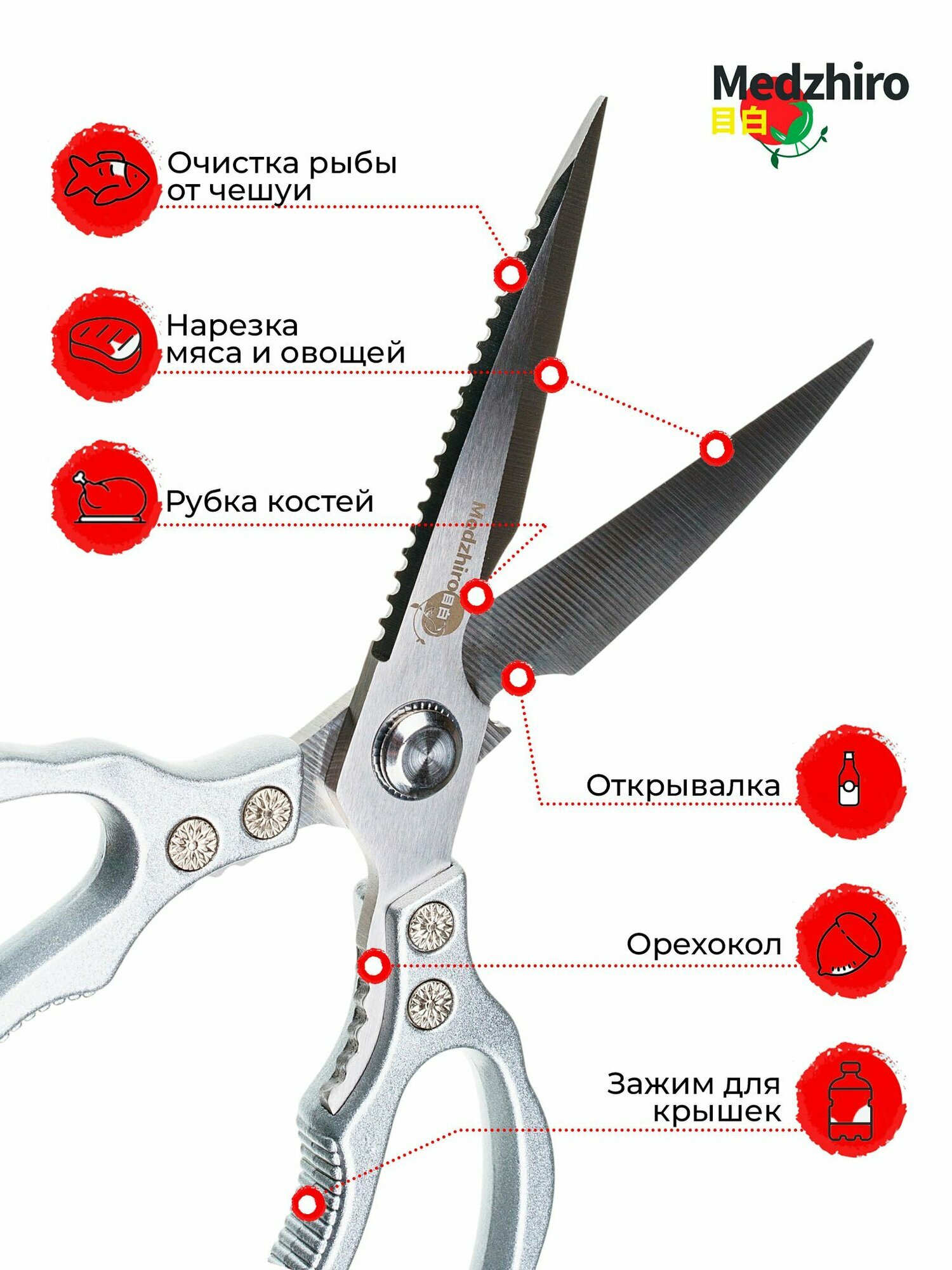 Изображение Ножницы кухонные, Medzhiro. 23см. Япония. Профессиональные ножницы для рыбы, мяса, птицы и крабов. Универсальные.