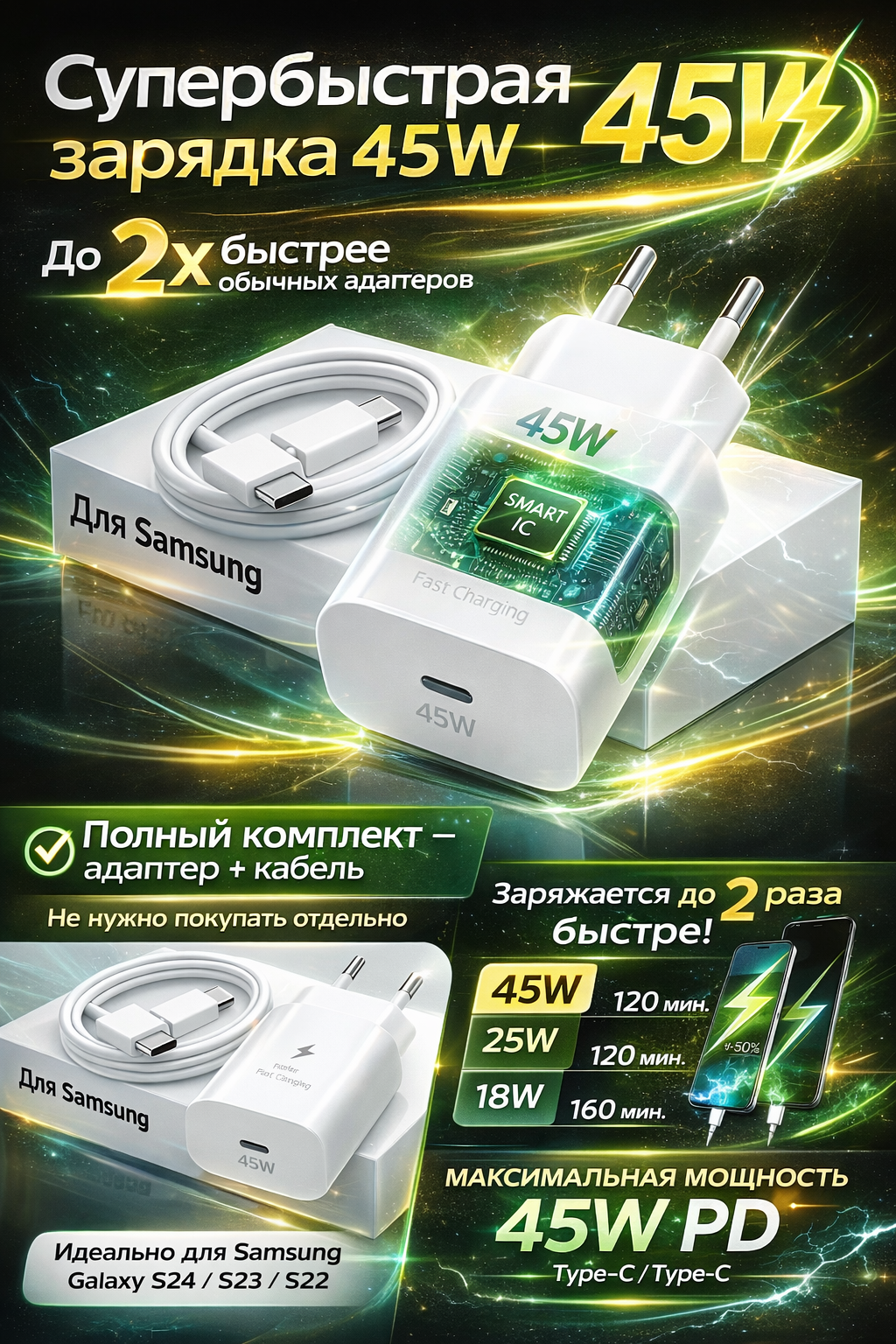Адаптер питания 45 Вт , быстрое зарядное устройство, с кабелем, Type-C 5A