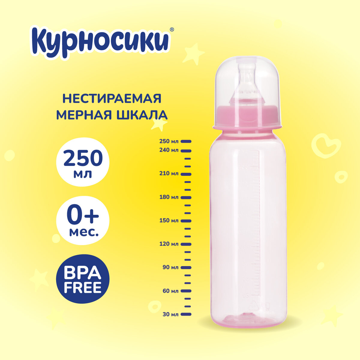 Бутылочка для кормления Курносики с силиконовой соской, 250 мл., 0+ мес., розовый