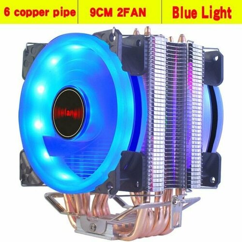 Вентилятор охлаждающий для процессора, кулер, гидродинамический подшипник 6 трубок 2 вентилятора 4 PIN AВL с подсветкой синий