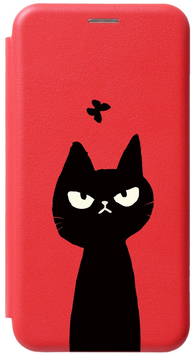 Чехол-книжка на Honor 8S / Huawei Y5 (2019) / Хуавей У5 2019 / Хонор 8с с 3D принтом "Disgruntled Cat" красный