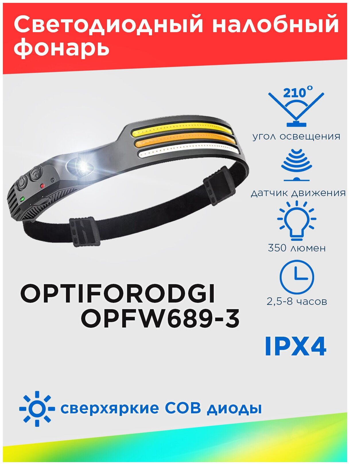 Налобный фонарь OPTIFORODGI OPFW689-3 Multi-Function induction headlamp с сенсорным датчиком включения. Цвет черный
