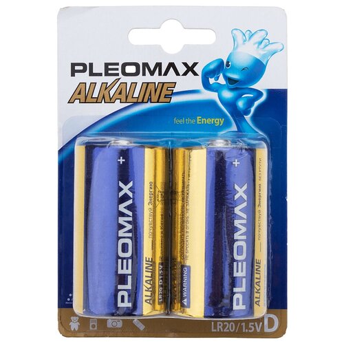 Батарейка алкалиновая Pleomax, D, LR20-2BL, 1.5В, блистер, 2 шт.