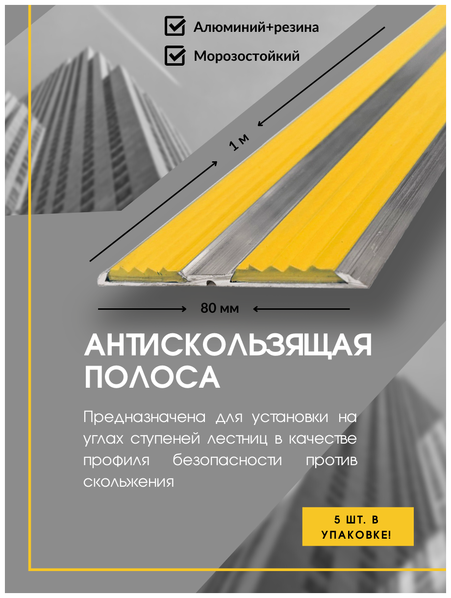 Алюминиевая полоса-порог с 2 резиновыми вставками цвет вставки серый длина 1 метр ширина 80 мм высота 5 мм упаковка из 5 штук