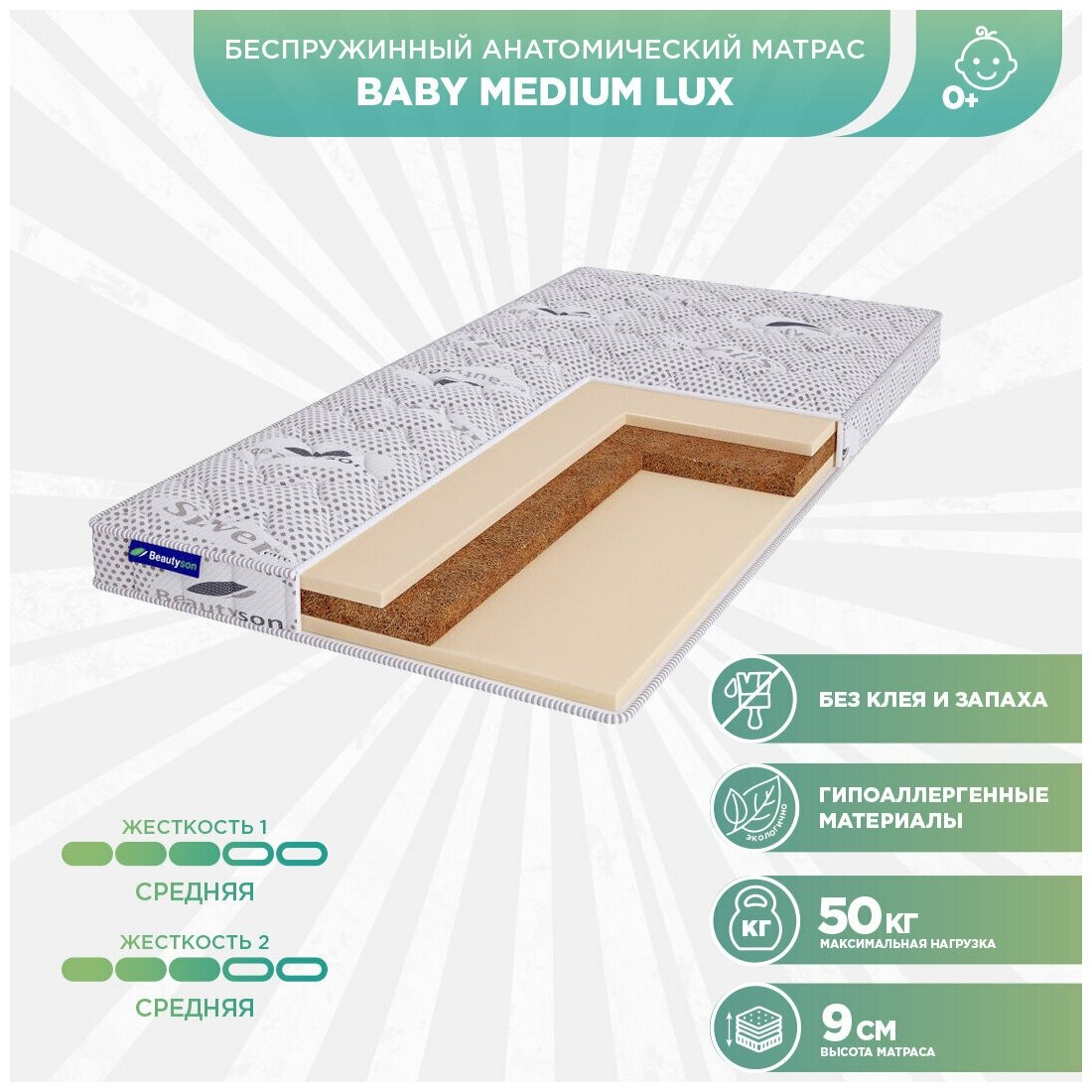 Матрас детский беспружинный Beautyson Baby Medium LUX 60x125 (Белый), без клея и запаха