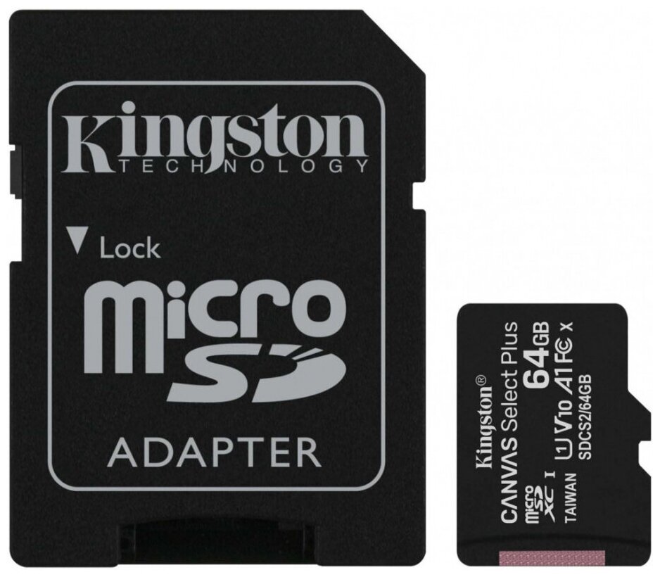 64GB MicroSD Kingston Class 10 CanvSelect Plus + adapter (SDCS2/64GB)