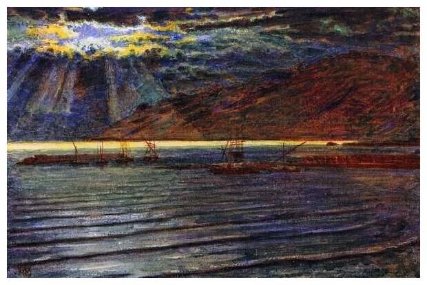 Репродукция на холсте Рыбацкие лодки в лунном свете (Fishing boats by Moonlight) Хант Уильям Холман 46см. x 30см.