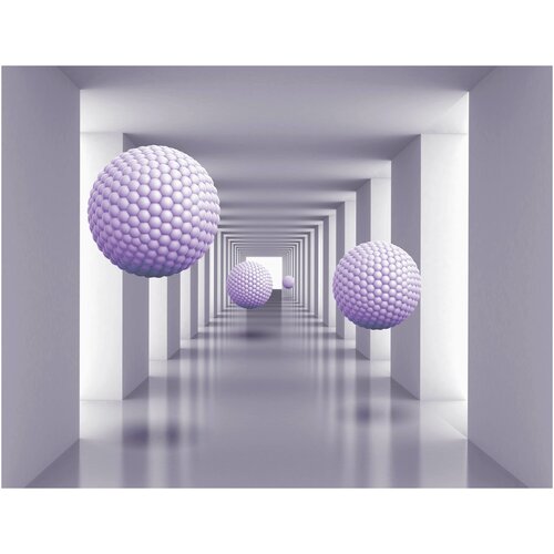 Фотообои Уютная стена Туннель с фиолетовыми 3D шарами 350х270 см Виниловые Бесшовные (единым полотном)