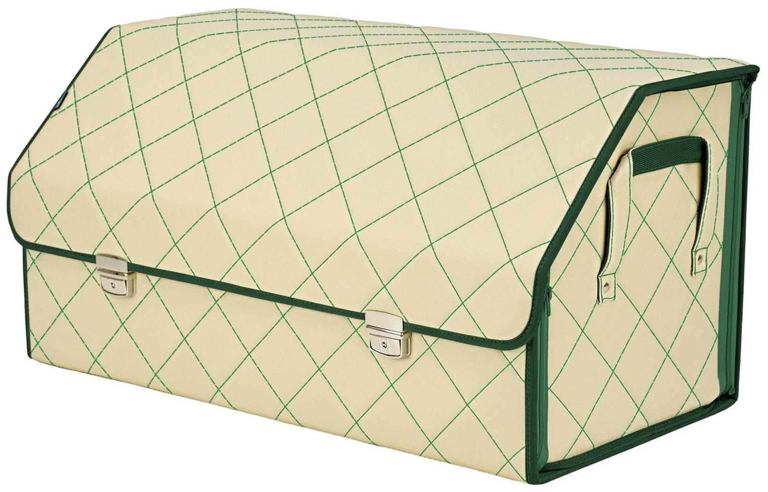 Органайзер-саквояж в багажник "Союз Премиум" (размер XL Plus). Цвет: светло-бежевый с зеленой прострочкой Ромб.