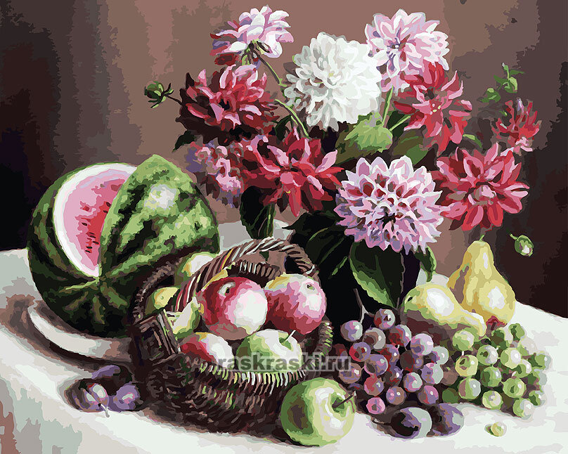Картина по номерам Белоснежка «Георгины и фрукты» (40х50 см, холст на подрамнике)