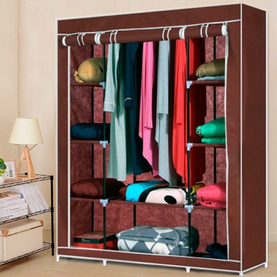 Складной шкаф для хранения одежды и обуви тканевой каркасный коричневый