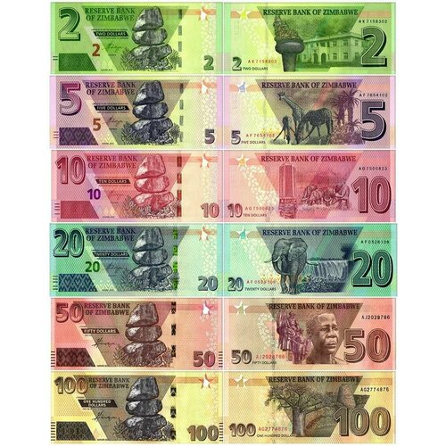 Набор полный банкнот Зимбабве 2-5-10-20-50-100 долларов 2019-2020 года UNC