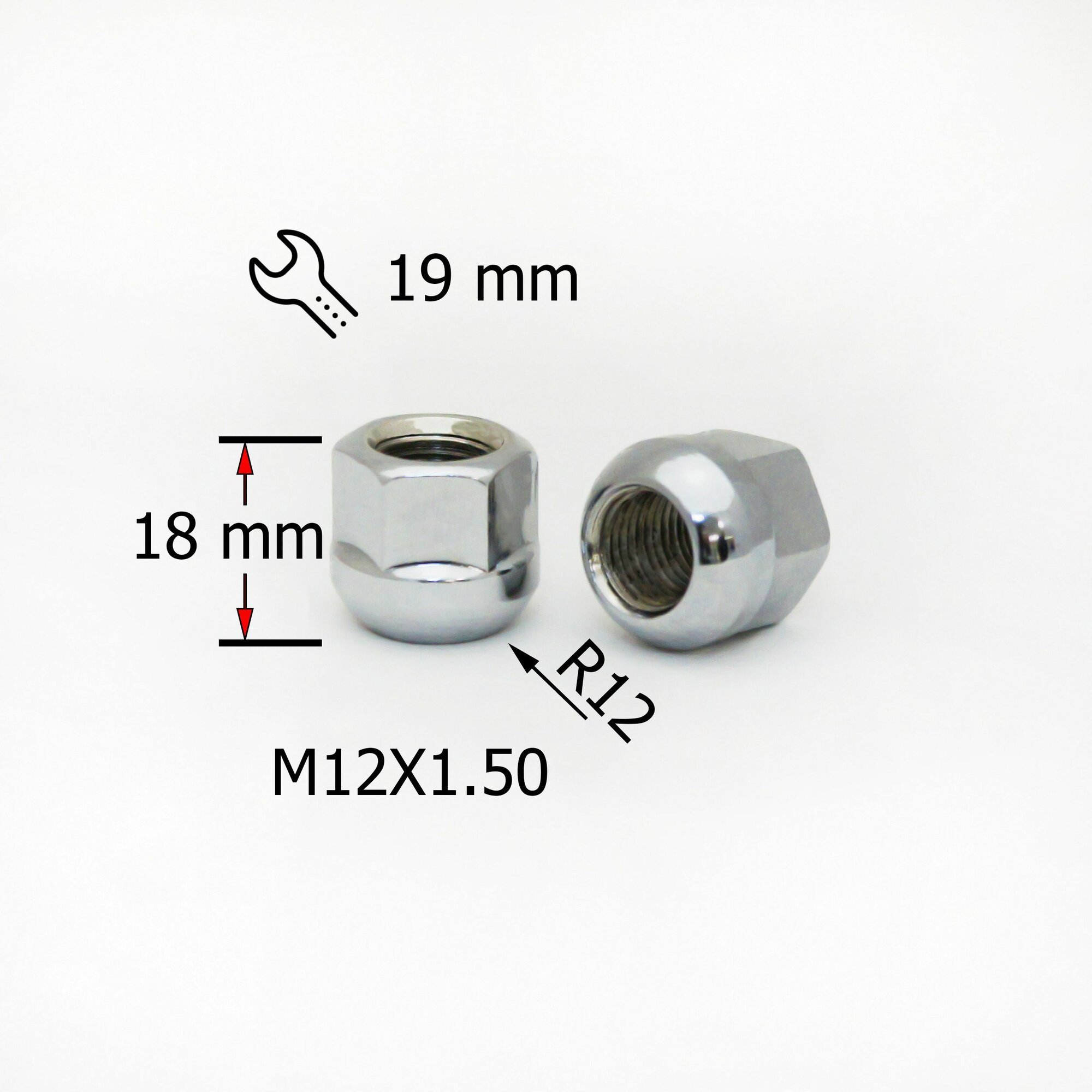 Гайка колесная M12х1,5 Сфера, высота 20мм открытая, ключ 19мм, Хром