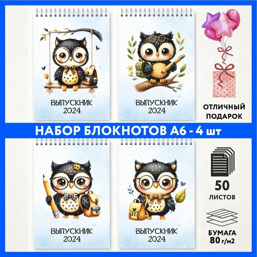 Набор блокнотов А6 - 4 шт подарок выпускнику детского сада на 1 сентября и День Рождения Школьная сова 111 - 3 notepad_school_owls_111_A6_set_3 699₽