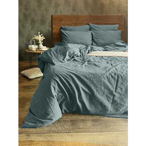 Комплект постельного белья из вареного хлопка VV Viola Серо-синий Меланж 9000₽