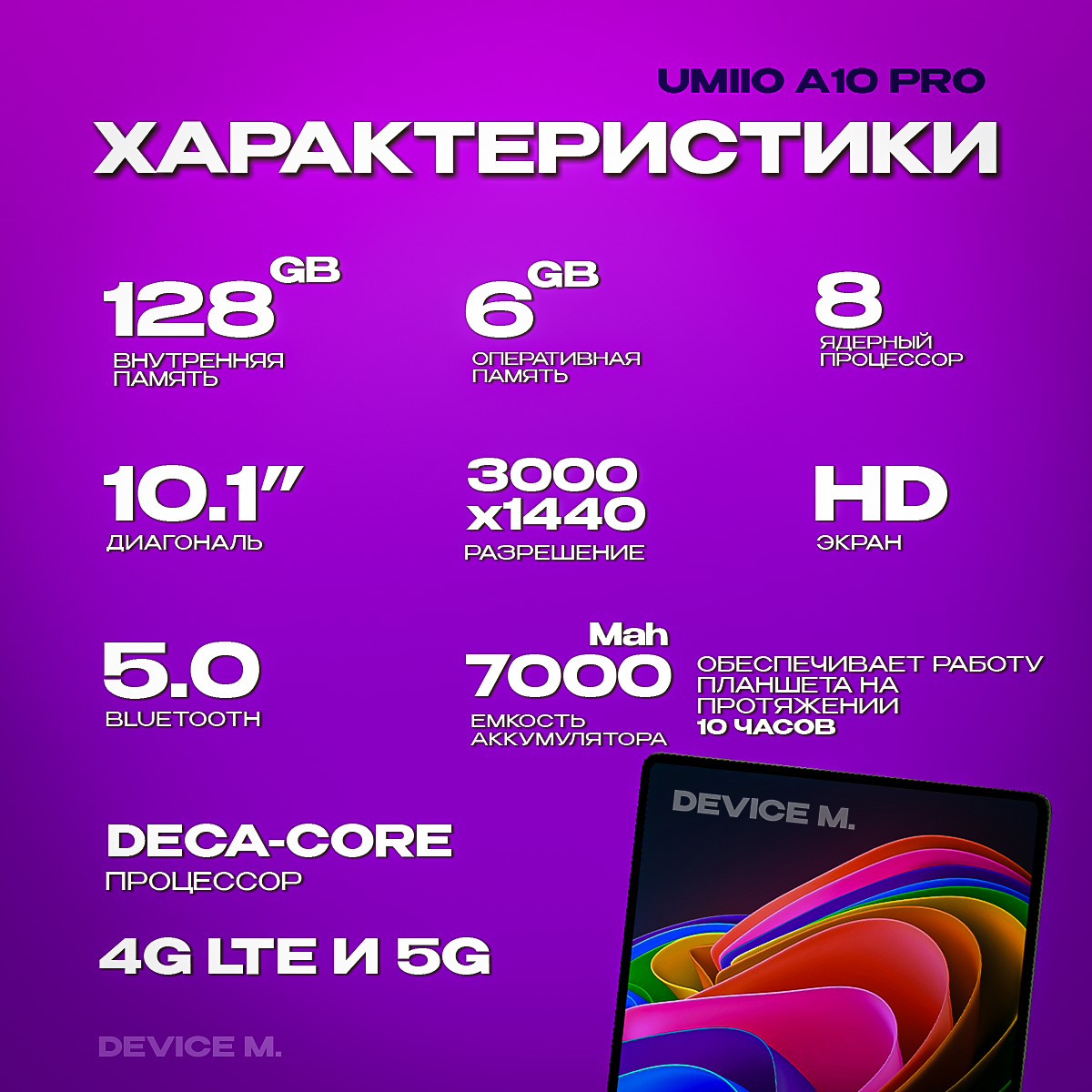 Планшет Umiio A10 Pro 6/128 GB с клавиатурой, чехлом и стилусом, 10 ядер, 10.1", 128GB, синий Tablet Umiio Android 11.0G — фото 1