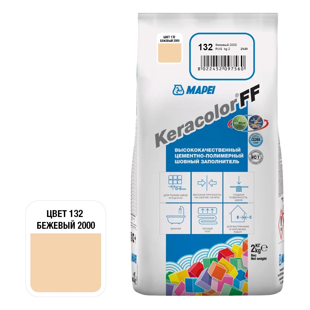 Затирка MAPEI KERACOLOR FF № 132 2 кг бежевый 2000 5QA013202A