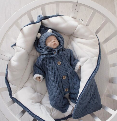 Изображение товара Демисезонный вязаный детский комплект на выписку, 3 предмета, смесовая пряжа 30% шерсть, MAMINY ZAPISKY, 62 размер (0-3мес), цвет синий океан