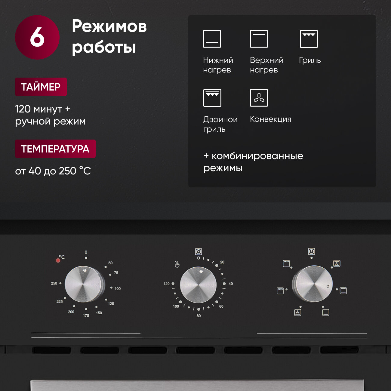 Встраиваемый духовой шкаф GRESSEL U4ES16000 45см, 6 режимов, 50л, конвекция, тройное стекло, гриль, таймер — фото 1