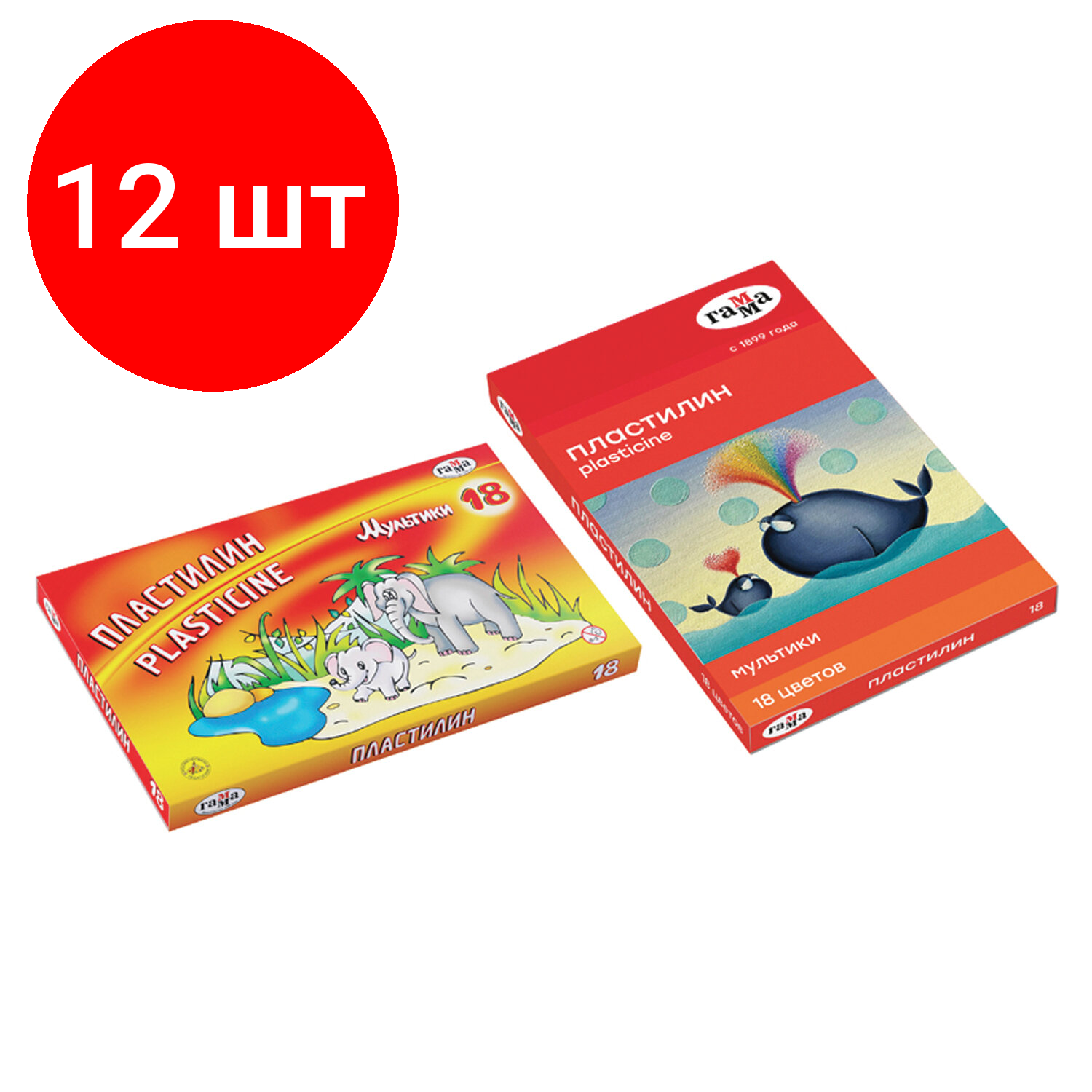 Комплект 12 шт, Пластилин гамма "Мультики", 18 цветов, 360 г, со стеком, 280028
