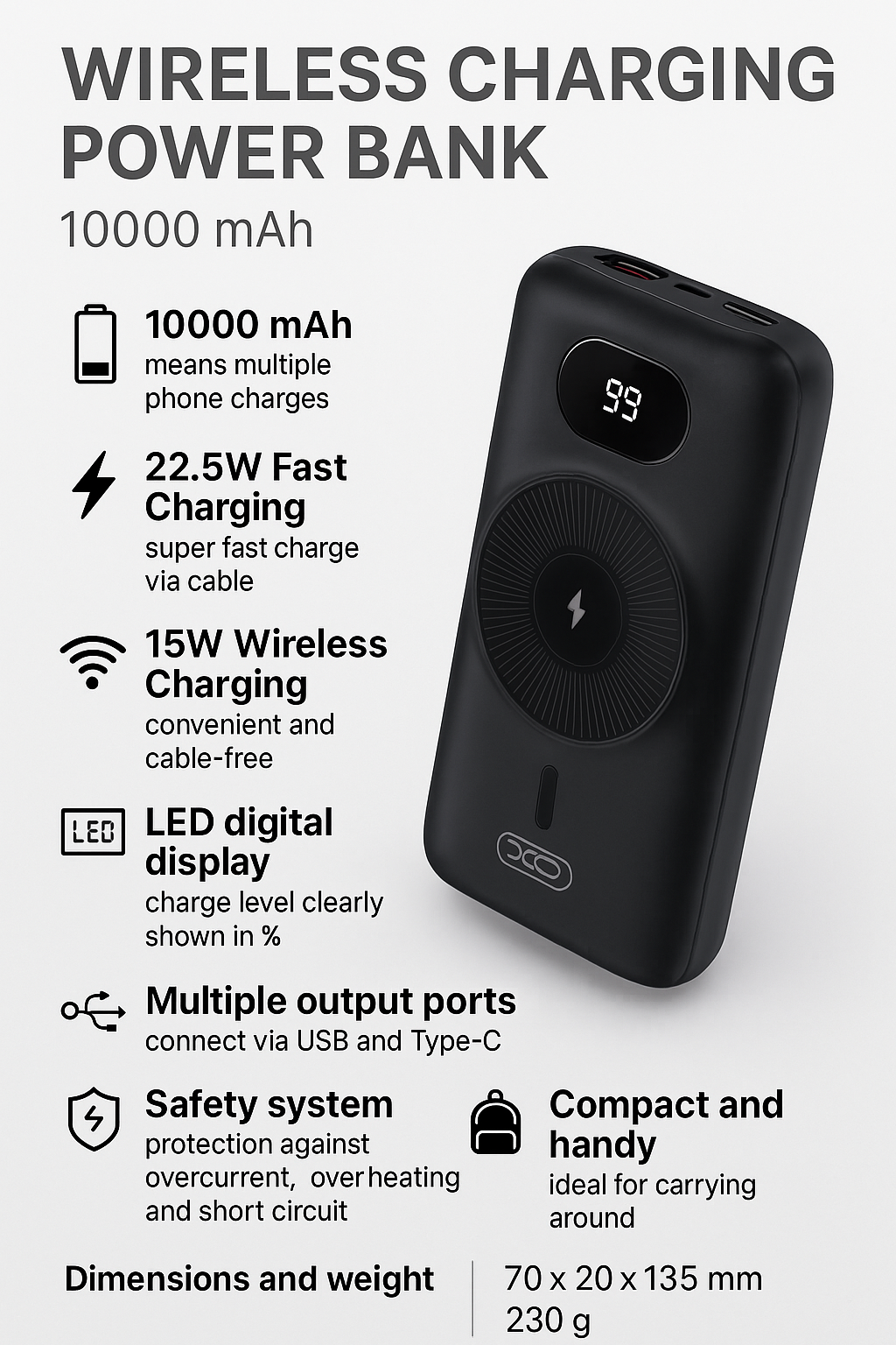 Зарядный аккумулятор XO PR186, 10 000 мАч, беспроводная зарядка, цифровой дисплей, чёрный