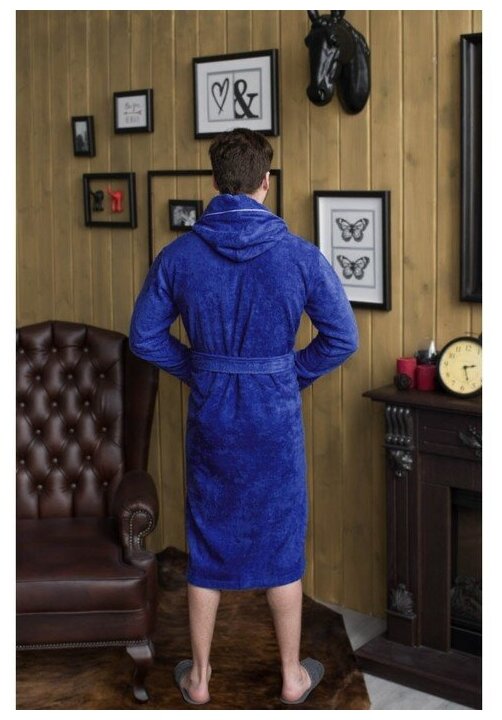Халат махровый Everliness мужской капюшон+кант, цвет синий, размер 48 - фотография № 9