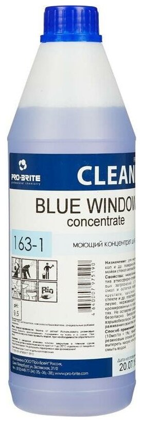 001-1 PRO-BRITE BLUE WINDOW Concentrate Моющий концентрат для стёкол и зеркал. Для стеклоомывателя автомобиля. РН 10, 1л