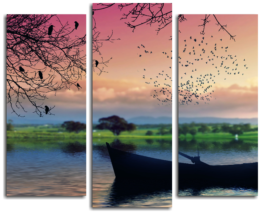 Модульная картина Пейзаж на озере в зелено-розовых