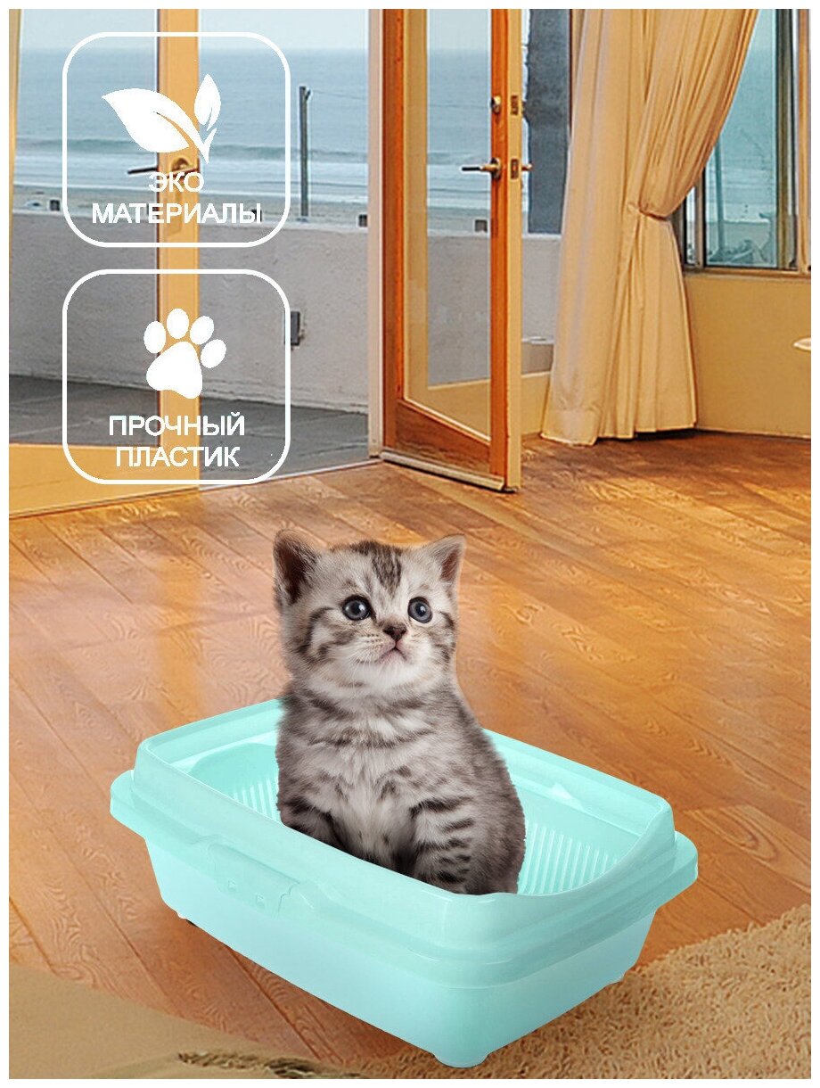 Лоток Туалет для котят полная комплектация, с бортом , с сеткой , ментоловый, 26,5 х 37 х 12,5 см - фотография № 1