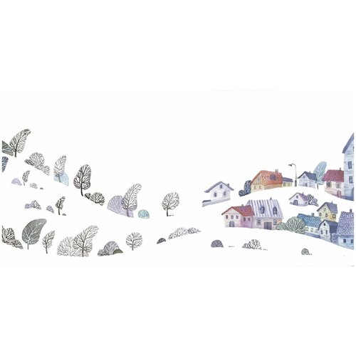 Фотообои Уютная стена Зимняя иллюстрация деревушки 540х270 см Виниловые Бесшовные (единым полотном)
