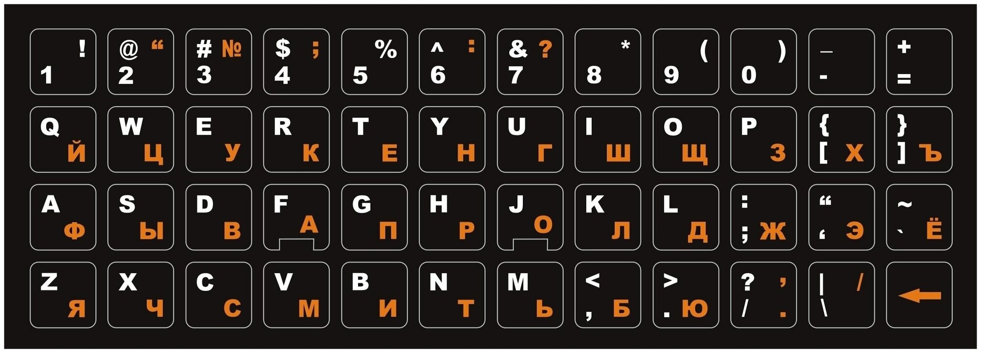 Русские наклейки на клавиатуру, русские буквы, защита для клавиатуры, русификация клавиатуры, чёрный фон 13x13 мм.