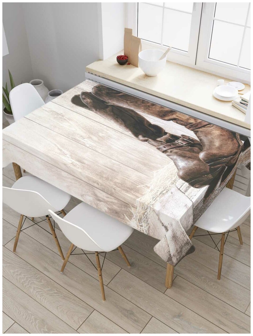 Скатерть прямоугольная JoyArty на кухонный стол "Забытые сапоги" из оксфорда, 120x145 см