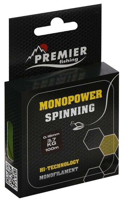 Леска Preмier fishing MONOPOWER Spinning, диаметр 0.18 мм, тест 3.7 кг, 100 м, флуоресцентная желтая