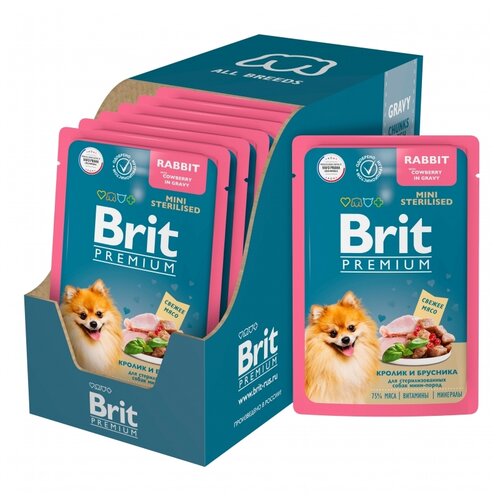 Влажный корм для собак Brit Premium для взрослых стерилизованных собак мини пород кролик и брусника в соусе, пауч 1 уп. х 14 шт. х 85 г (для мелких пород)