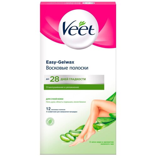 Veet Полоски восковые для сухой кожи универсальные Easy-Gelwax с ароматом зеленого чая, 12 шт