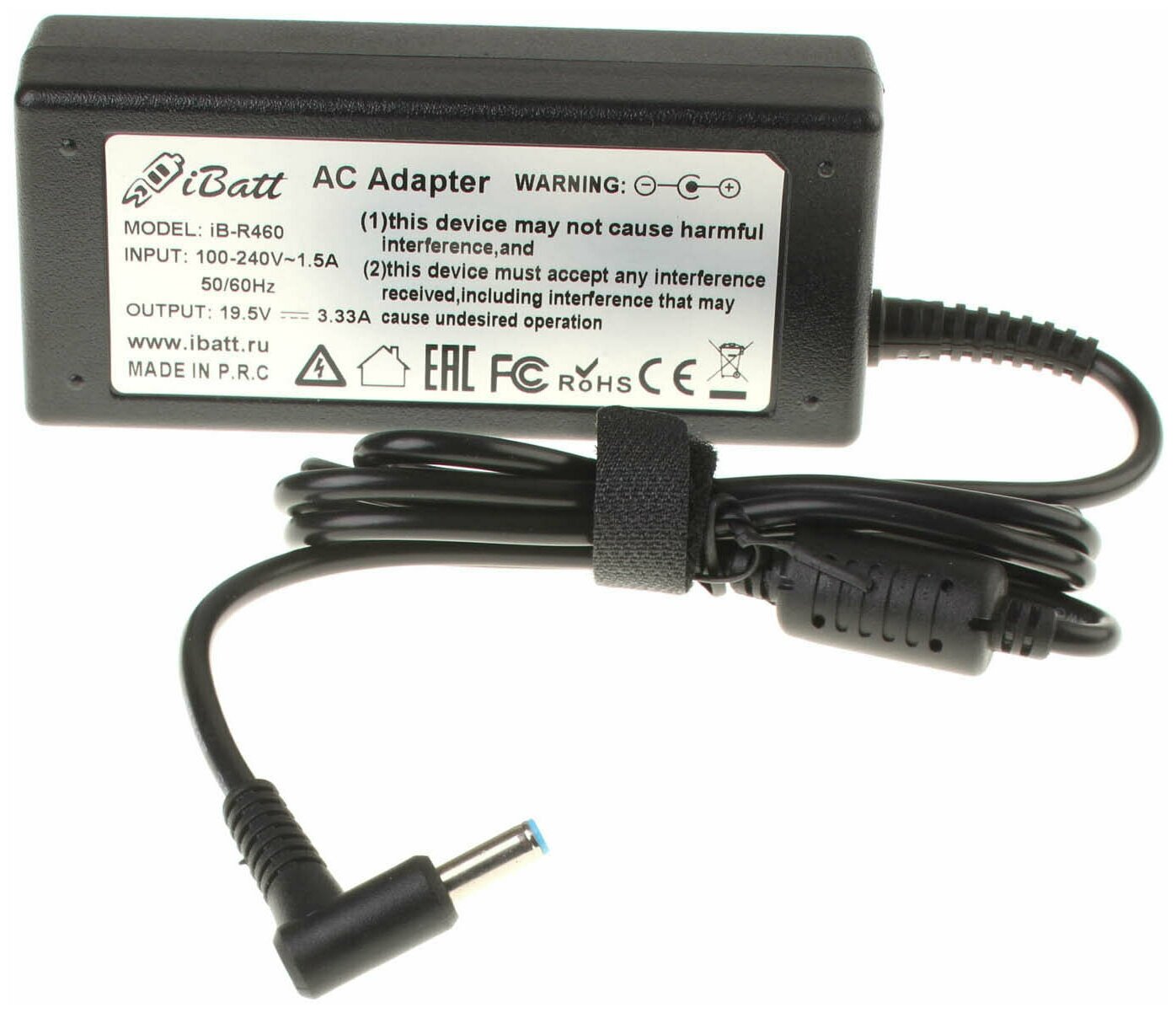 Блок питания iBatt iB-U1-R460 19,5V 3,33A, 65W, 4.5*3.0 mm, pin для HP-Compaq 250 G4, 255 G3, 255 G4, 15-r272ur, 15-g021sr, 15-r151nr, 15-g001sr, 350 G1, 15-Bc000ur, 15-r098sr, 15-g501nr, 15-Bf002ur, Pavilion 15-e011sr, 15-r083sr, 15-Bc023ur,