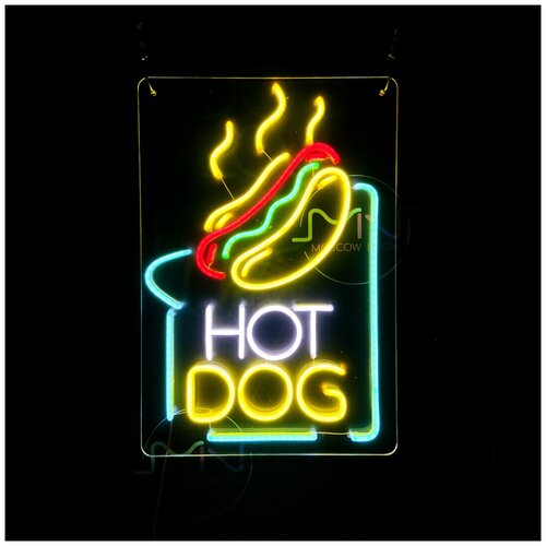 Неоновая вывеска с надписью «Hot Dog», 34 х 50 см.