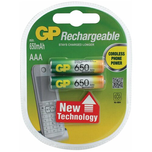 Батарейки аккумуляторные GP, AAA, Ni-Mh, 650 mAh, комплект 2 шт., блистер, 65AAAHC-2DECRC2 батарейки аккумуляторные комплект 2 шт gp aaa hr03 ni mh 650 mah блистер 65aaahc 2decrc2 65аaанс uc2