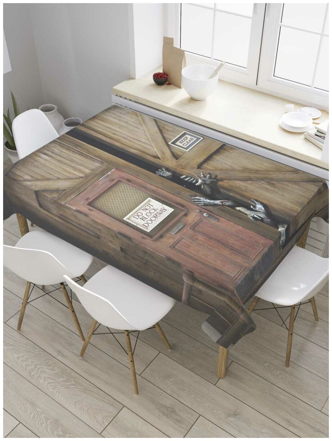 Скатерть прямоугольная JoyArty на кухонный стол "Зомби в заточении" из оксфорда, 120x145 см