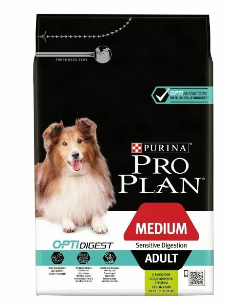 Корм сухой Pro Plan Adult Medium Sensitive Digestion для взрослых собак средних пород с чувствительным пищеварением, с ягненком и рисом, 3 кг