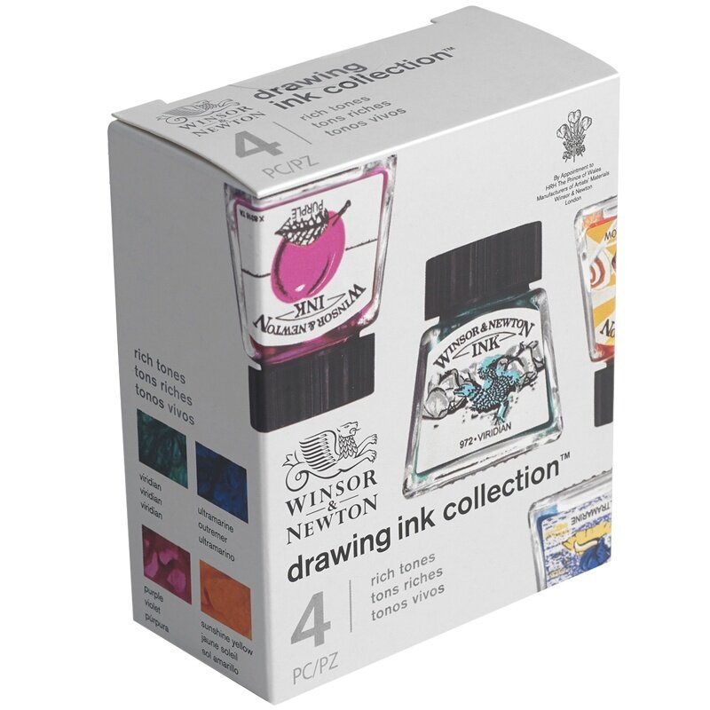 Художественная тушь Winsor&Newton для рисования, 4 цвета, 14 мл, стеклянный флакон (1090104)