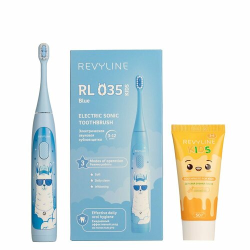 Электрическая зубная щетка Revyline RL 035 голубая + Зубная паста Revyline Kids, 50 г.