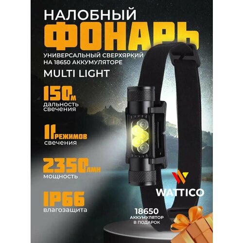 Налобный фонарь WATTICO с 9 режимами, 2449 люмен, USB-зарядкой и аккумулятором 18650