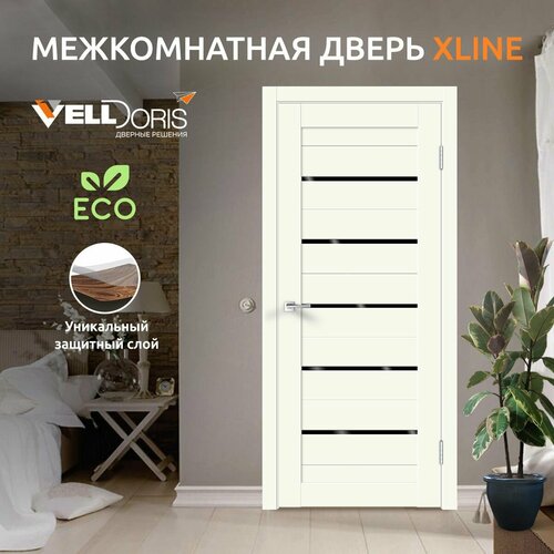 Дверь межкомнатная VellDoris XLINE 15, молочный эмалит, 900x2000, LR, стекло лакобель черное, без врезки замка и петель