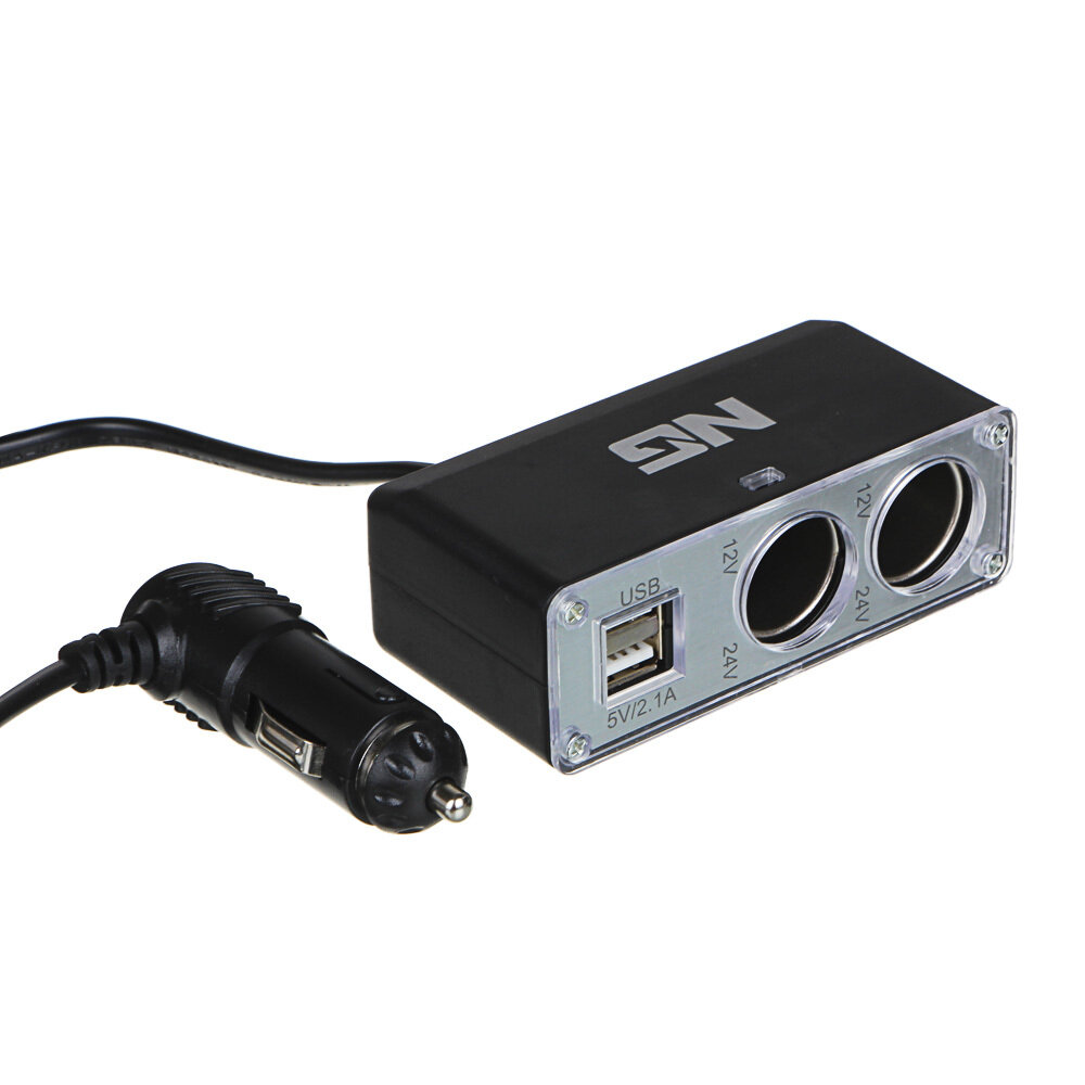 Разветвитель прикуривателя в авто NG, 2 гнезда, 2хUSB, 60 W, 2.1А, 12/24В, пластик