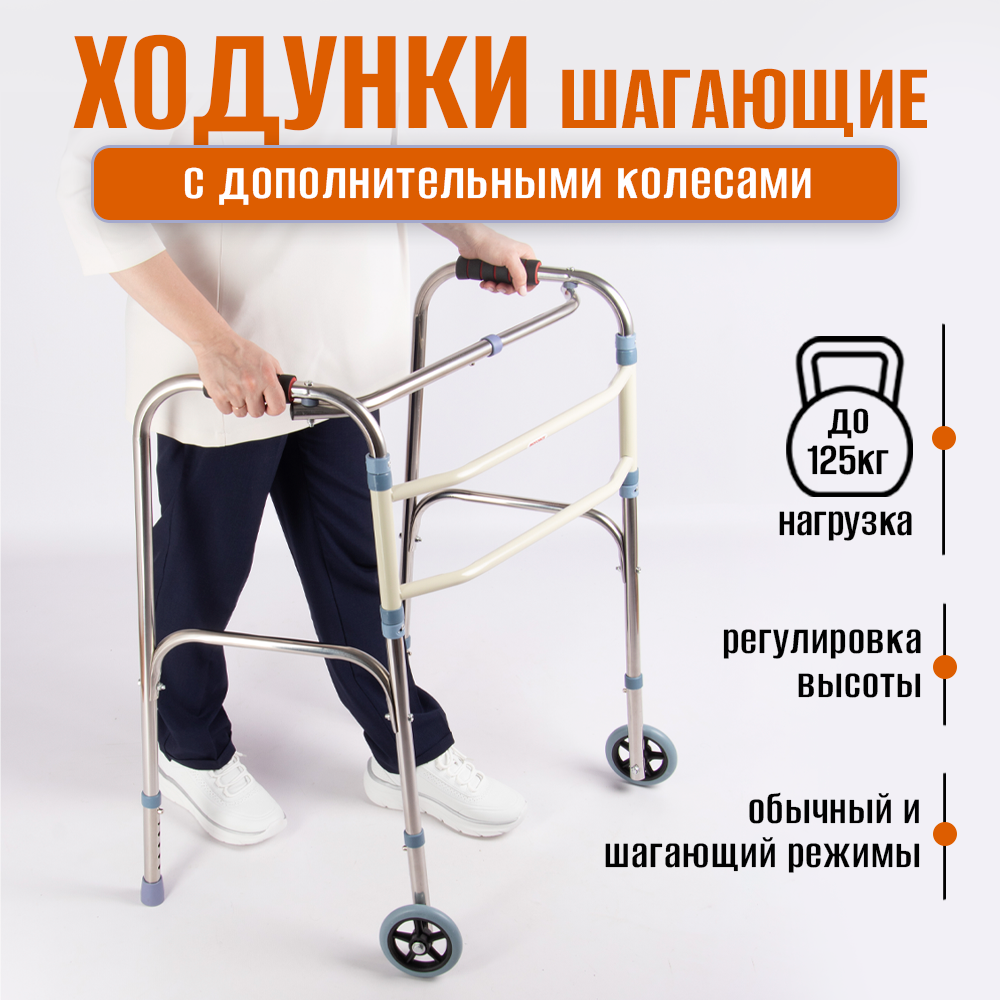 Ходунки для инвалидов и пожилых людей шагающие, на колесах W-WS1-WR