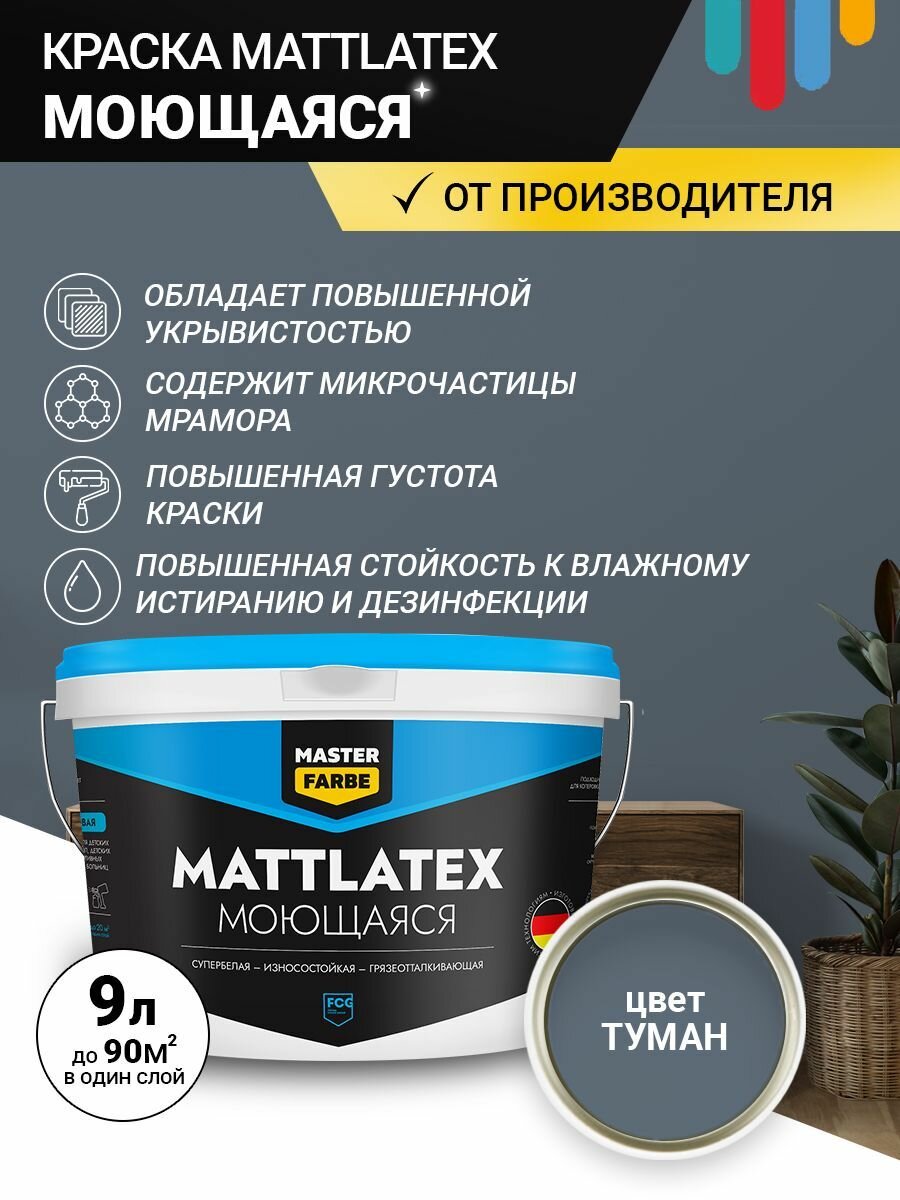 Краска моющаяся MASTERFARBE ВД Mattlatex интерьерная для стен и потолков туман 9 л